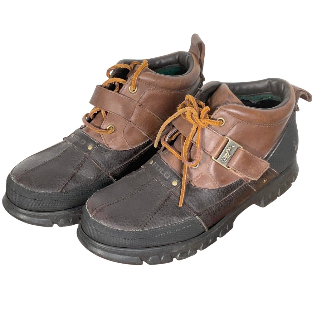 Polo Ralph Lauren Duck Boots Men 12D Black Brown Leather Ankle Hardy II Lace Up‎